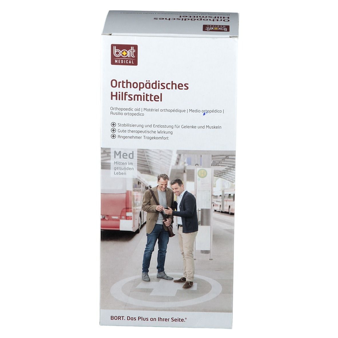Verpackung mit Produktinformationen. Aufschrift: Orthopädisches Hilfsmittel. BORT MEDICAL Logo. Abbildung von zwei Personen.