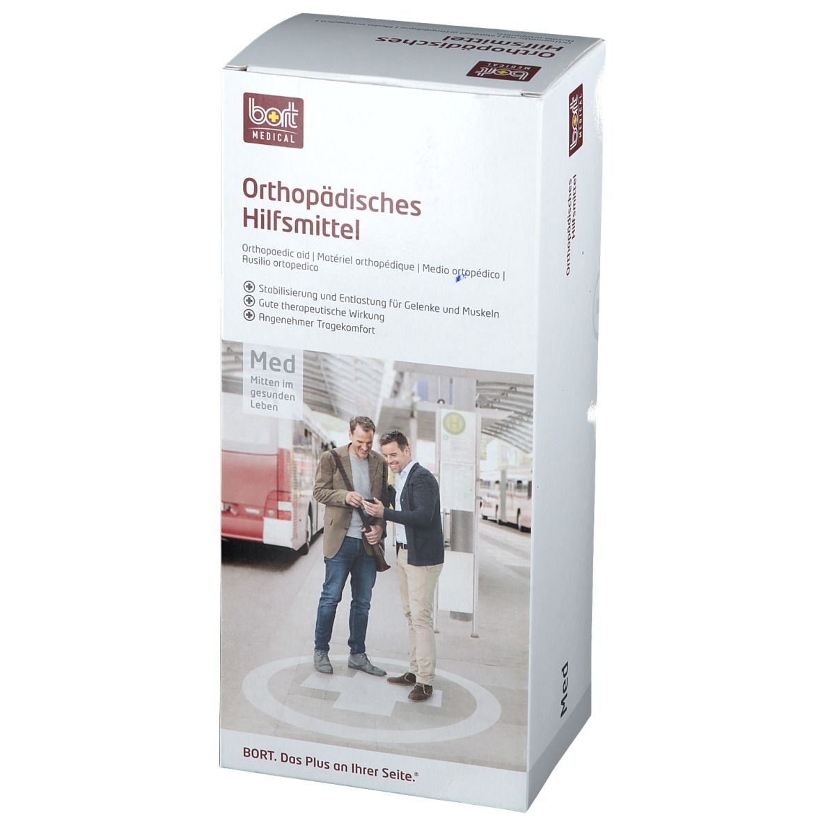 Verpackung mit Produktinformationen. Aufschrift: Orthopädisches Hilfsmittel. BORT MEDICAL Logo. Abbildung von zwei Personen.