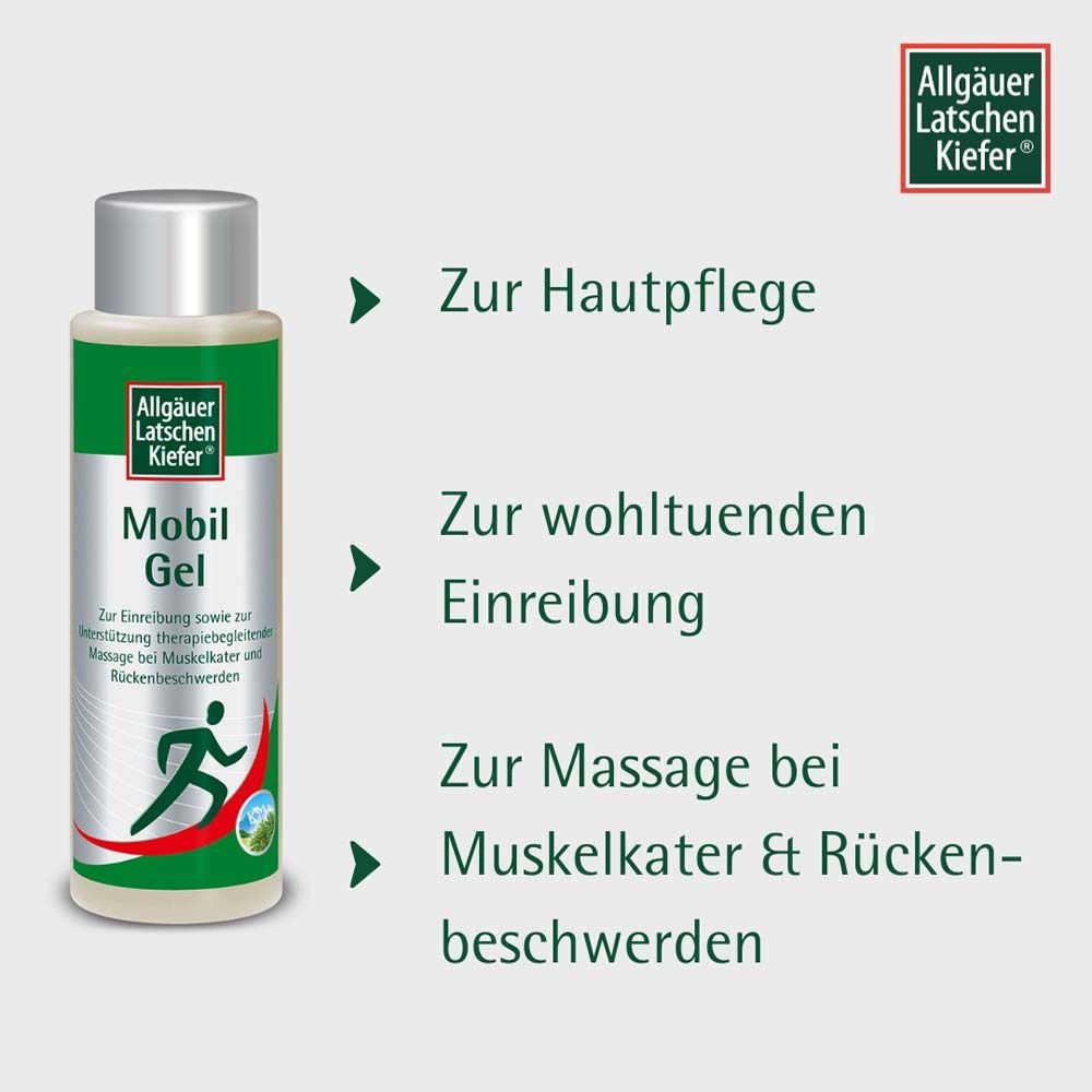 Produktflasche mit Anwendungsbereichen. Logo: Allgäuer Latschenkiefer. Anwendungsbereiche: Hautpflege, Einreibung, Muskelkater.