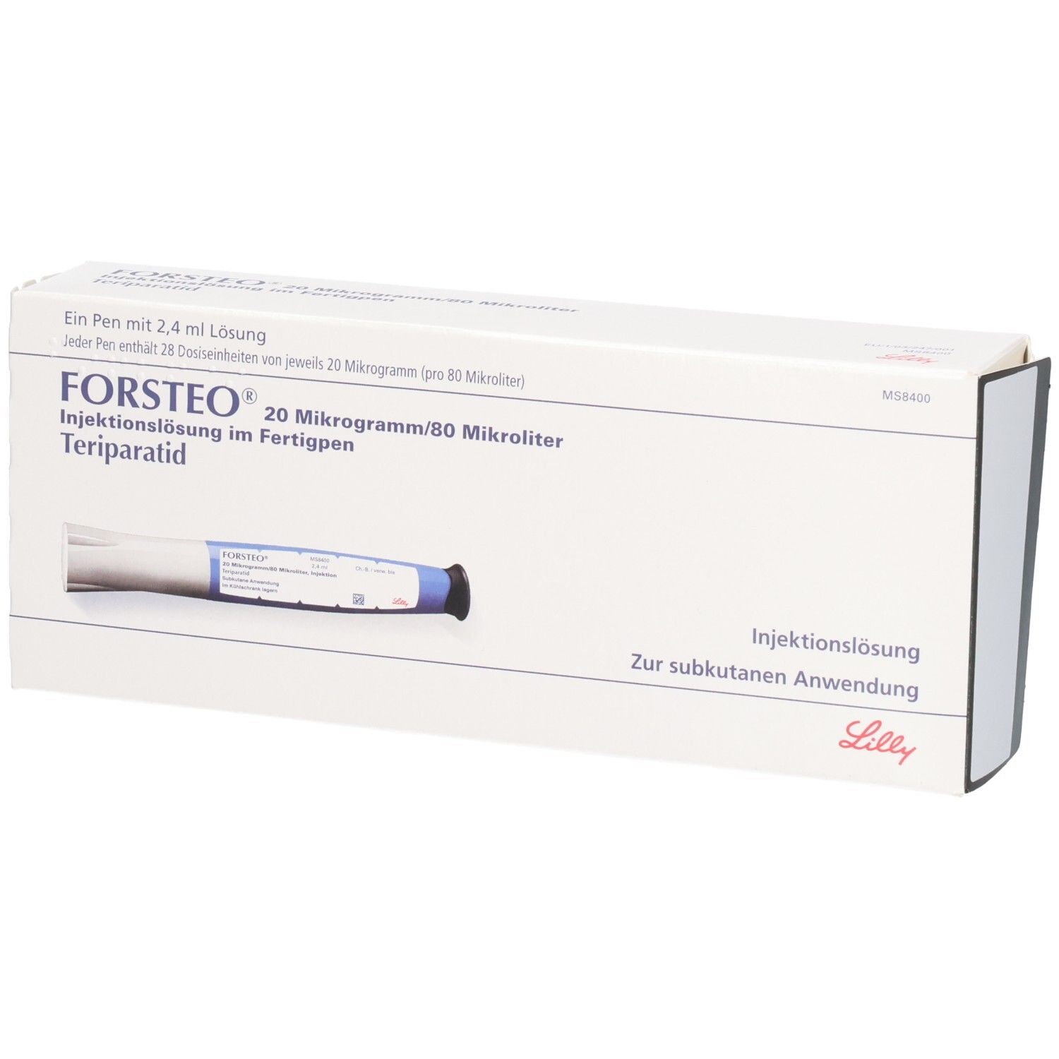 Verpackung von Forsteo Teriparatid Injektionslösung in einem Fertigpen, mit Lilly-Logo.