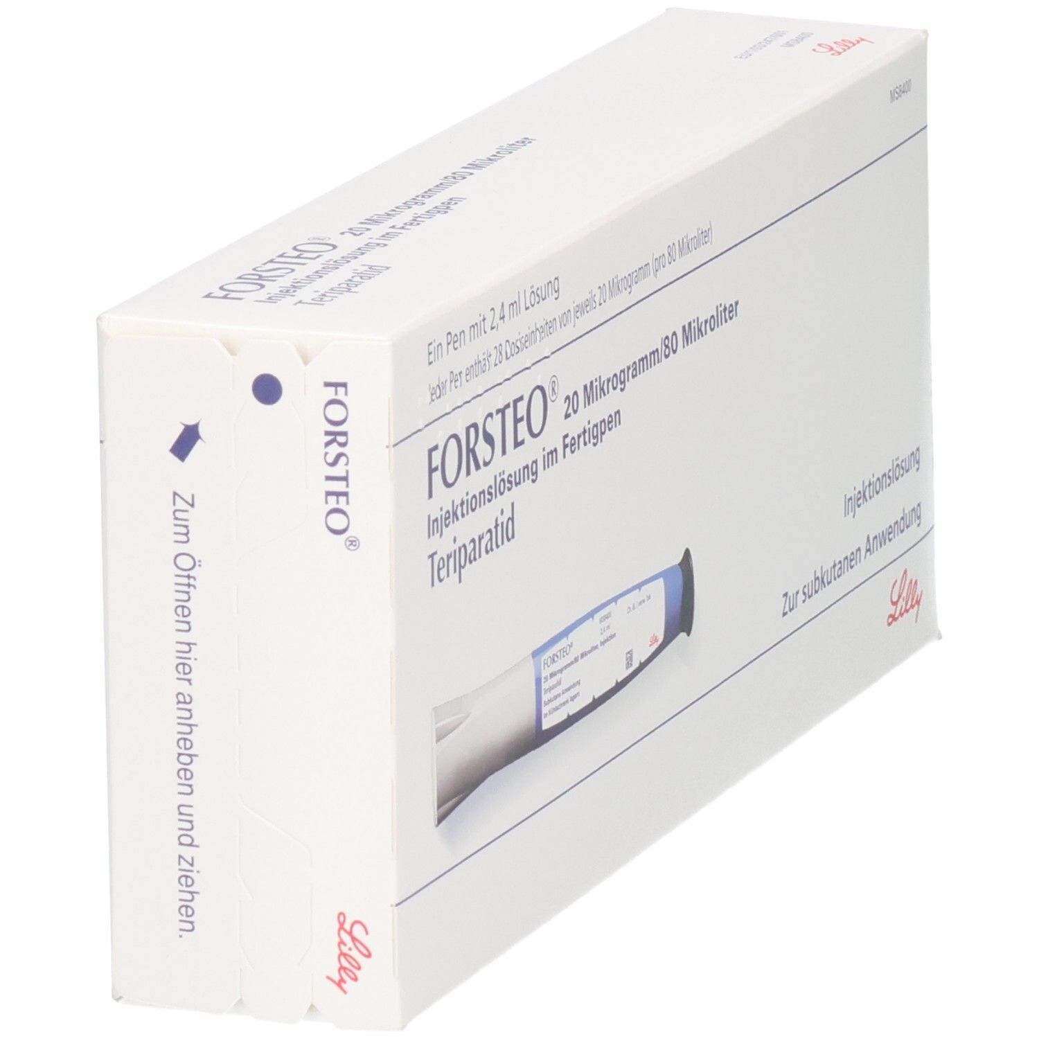 Packung Forsteo 20 Mikrogramm/80 Mikroliter Injektionslösung im Fertigpen.