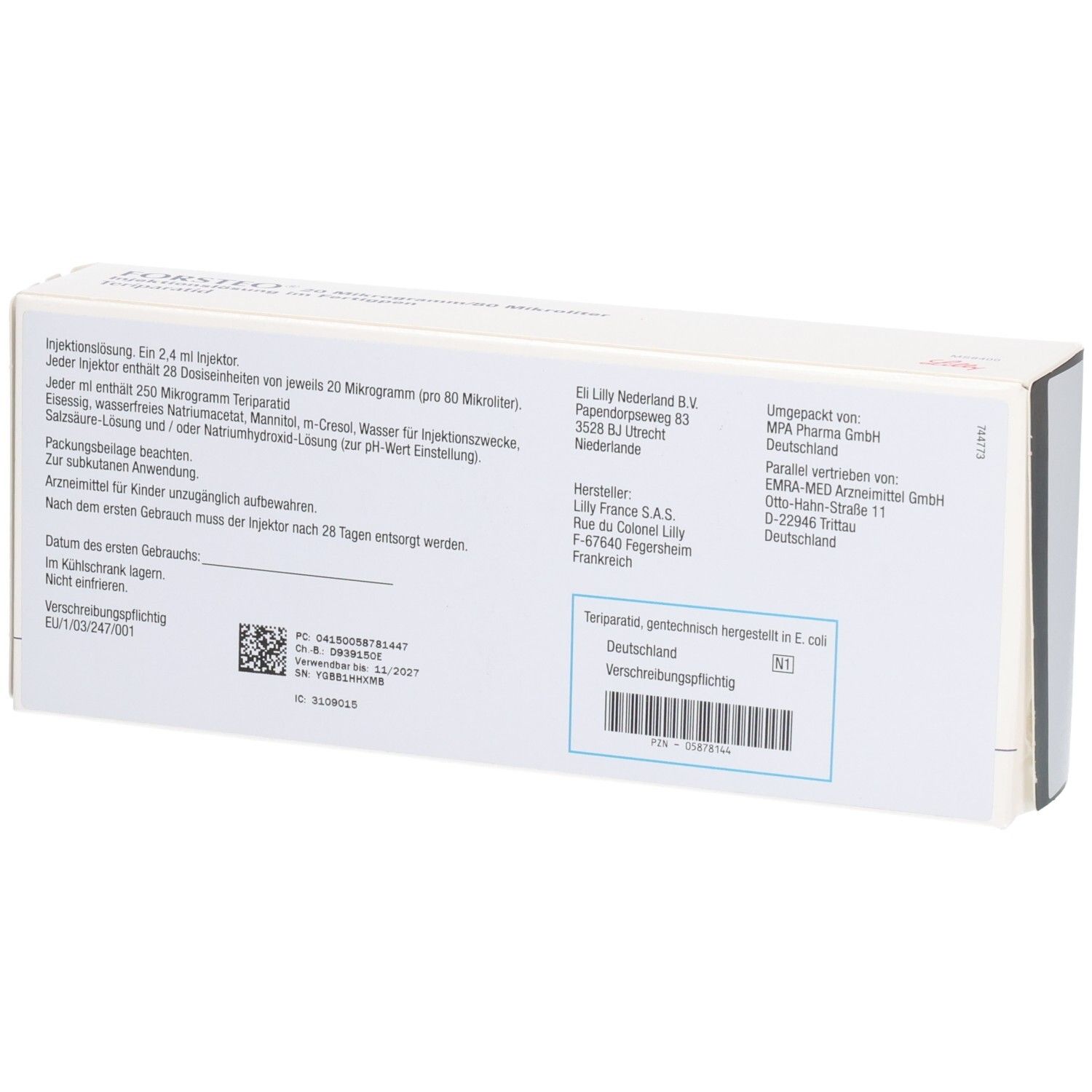 Verpackung einer Injektionslösung mit detaillierten Anwendungshinweisen und Herstellerinformationen.