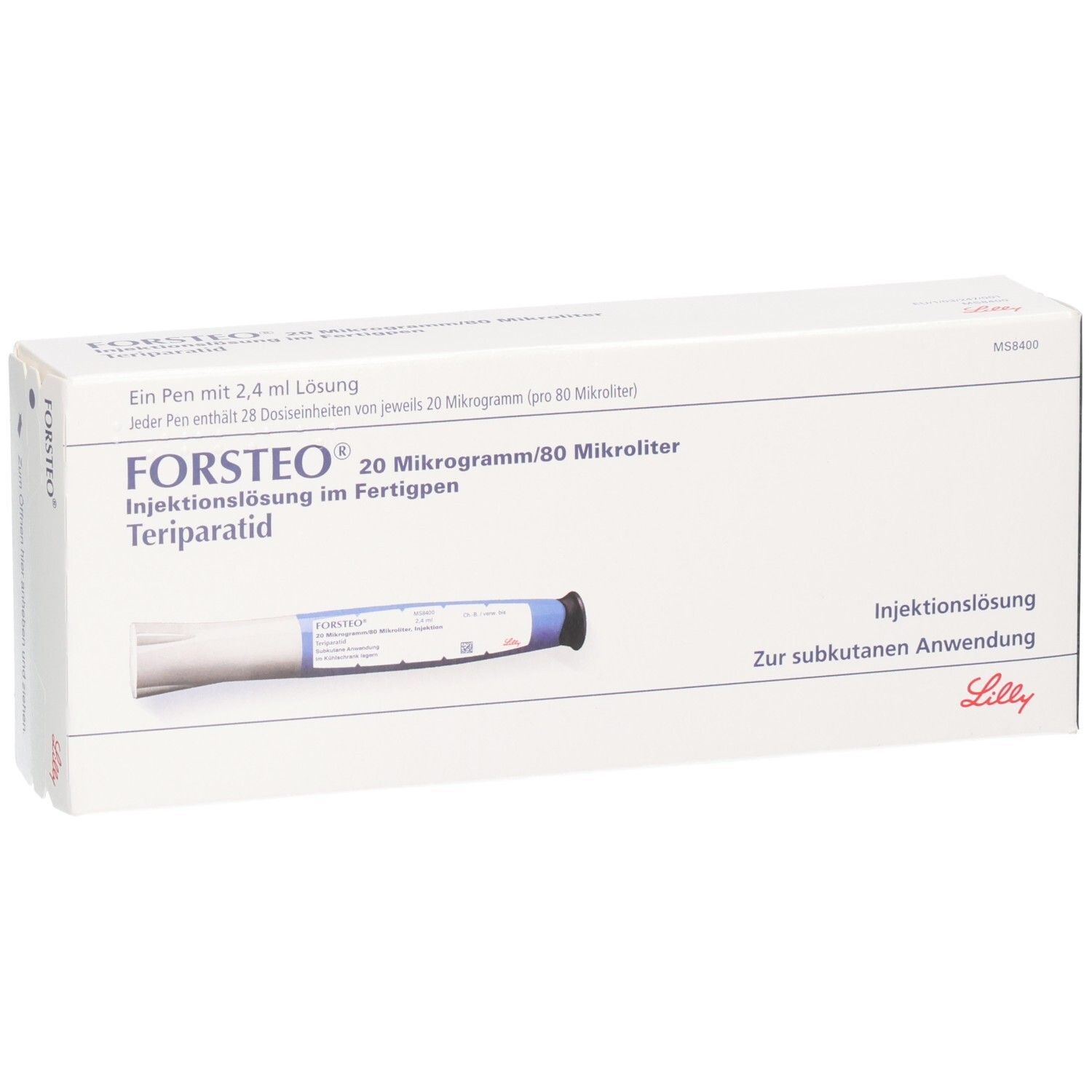 Verpackung für Forsteo Teriparatid Injektionslösung im Fertigpen. 20 Mikrogramm/80 Mikroliter.