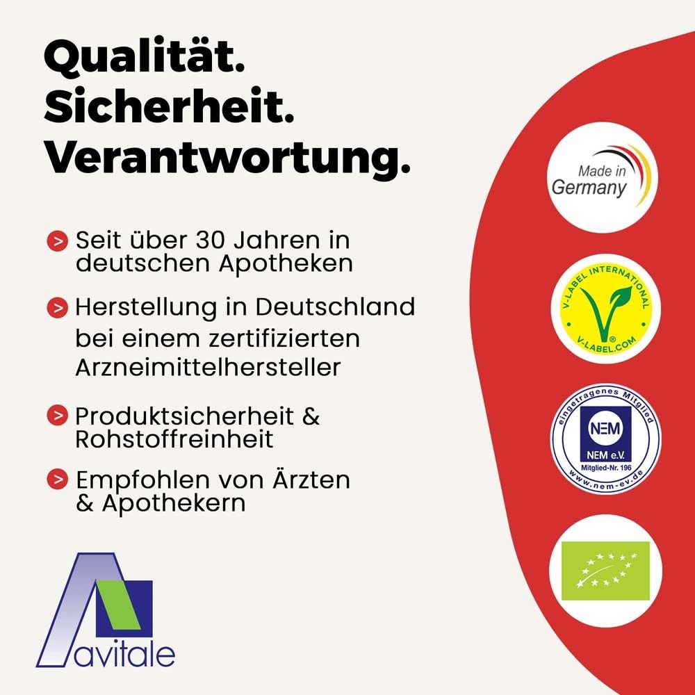 Text: Qualität. Sicherheit. Verantwortung. Logos: Made in Germany, V-Label, NEM, Bio-Siegel.