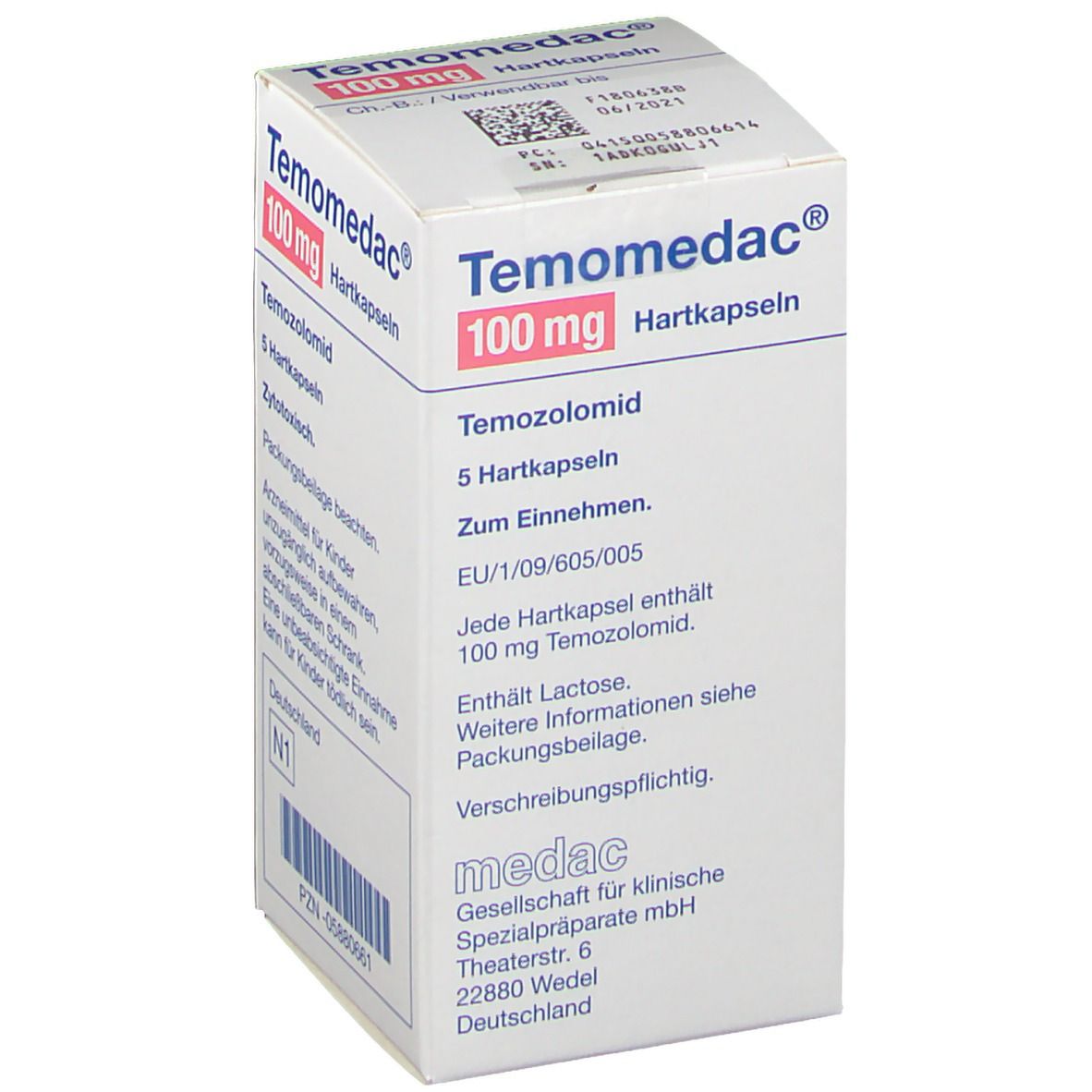 Schachtel mit Temomedac® 100 mg Hartkapseln. Enthält Temozolomid. 5 Hartkapseln. Hersteller: medac.