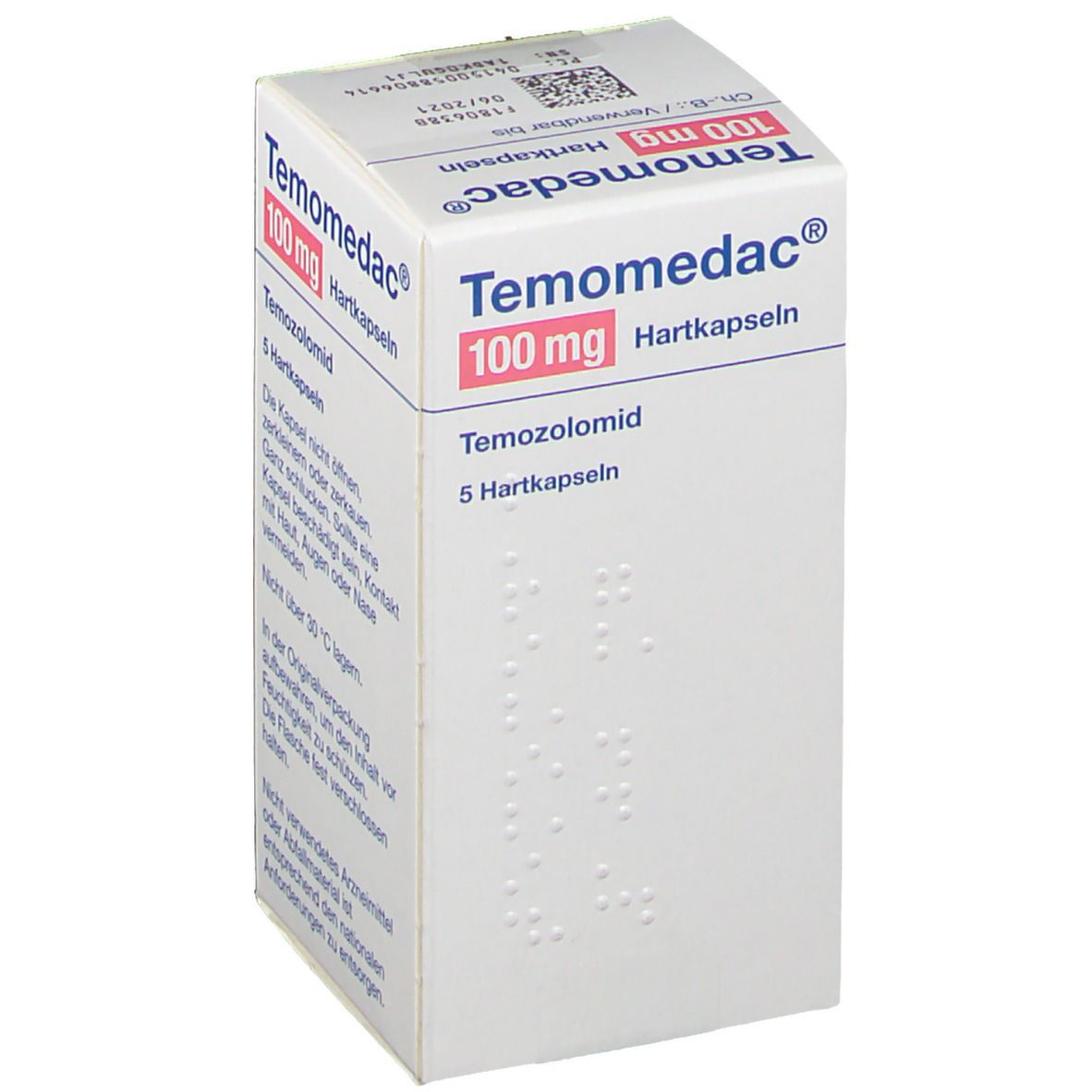 Schachtel mit Temomedac® 100 mg Hartkapseln. Enthält Temozolomid. 5 Hartkapseln. Verpackung mit Text.