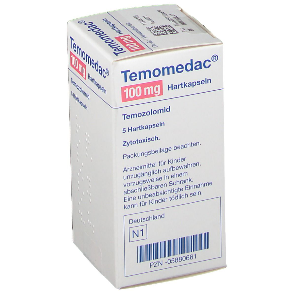 Schachtel mit Temomedac® 100 mg Hartkapseln. Enthält Temozolomid. 5 Hartkapseln. Zytotoxisch.
