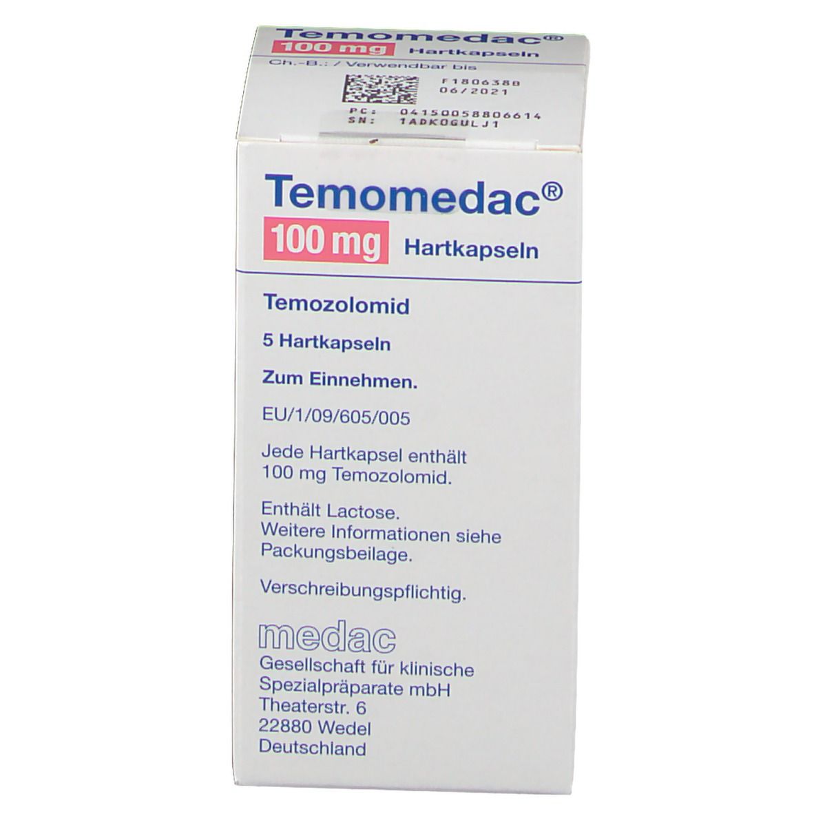 Schachtel mit Temomedac® 100 mg Hartkapseln. Enthält Temozolomid. 5 Hartkapseln. Zum Einnehmen.