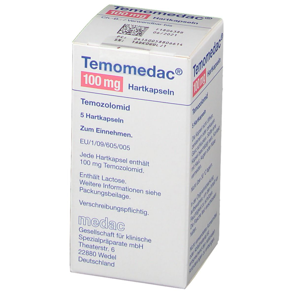 Schachtel mit Temomedac® 100 mg Hartkapseln. Enthält Temozolomid. 5 Hartkapseln. Hersteller: medac.