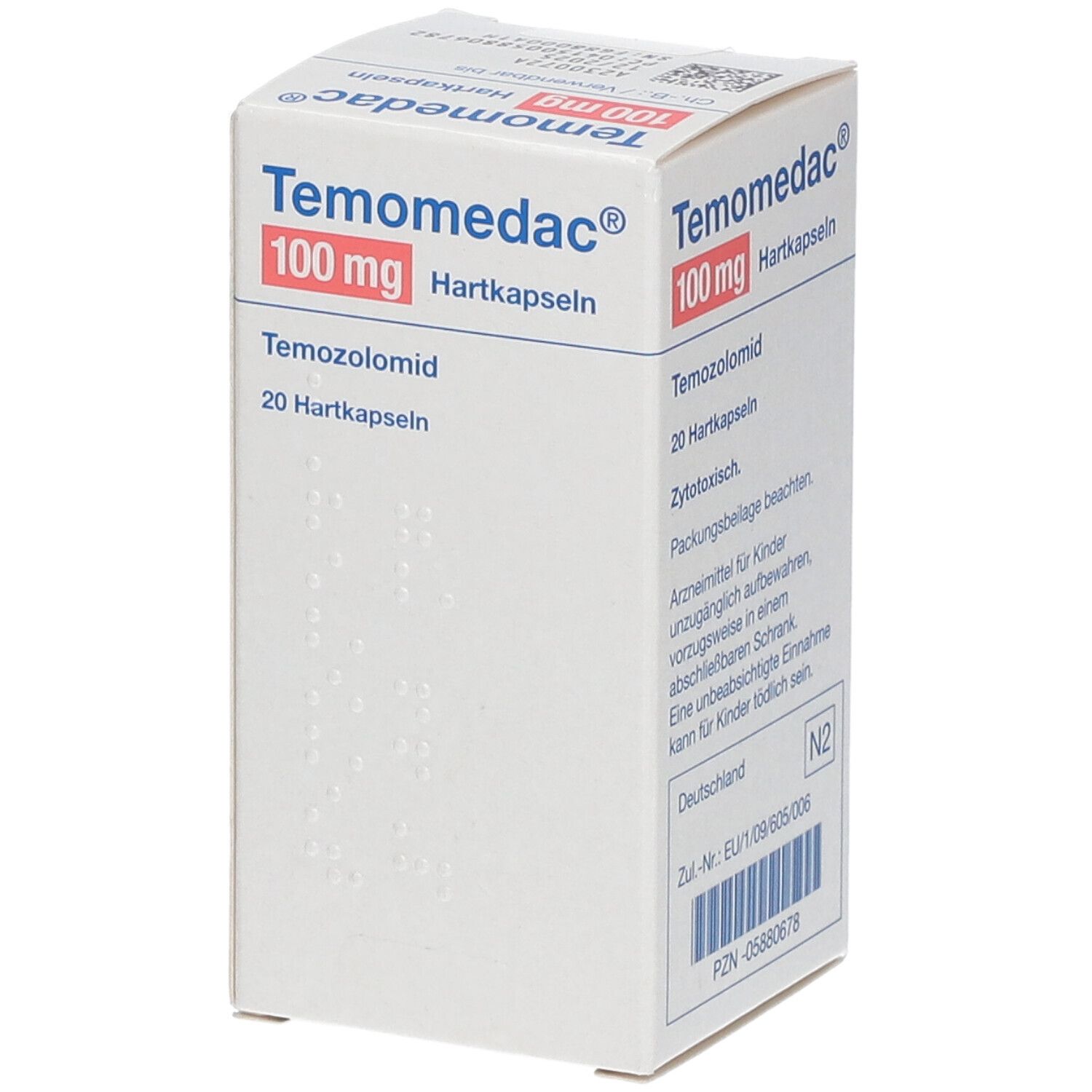 Temomedac® 100 mg Hartkapseln-Packung. Enthält 20 Kapseln. Aufschrift: Temozolomid. Weiße Verpackung mit blauer und roter Schrift.