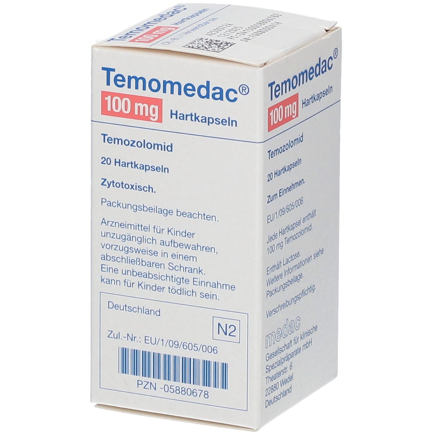 Temomedac® 100 mg Hartkapseln-Packung. Enthält 20 Kapseln. Aufschrift: Temozolomid. Weiße Verpackung mit blauer und roter Schrift. Zytotoxisch.