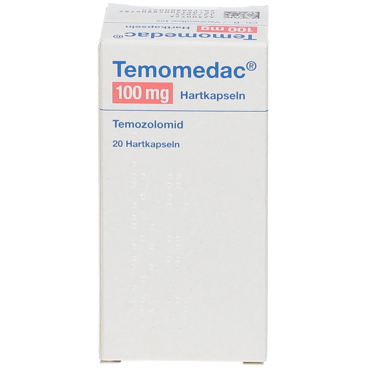 Temomedac® 100 mg Hartkapseln-Packung. Enthält 20 Kapseln. Aufschrift: Temozolomid. Weiße Verpackung mit blauer und roter Schrift. Frontansicht.