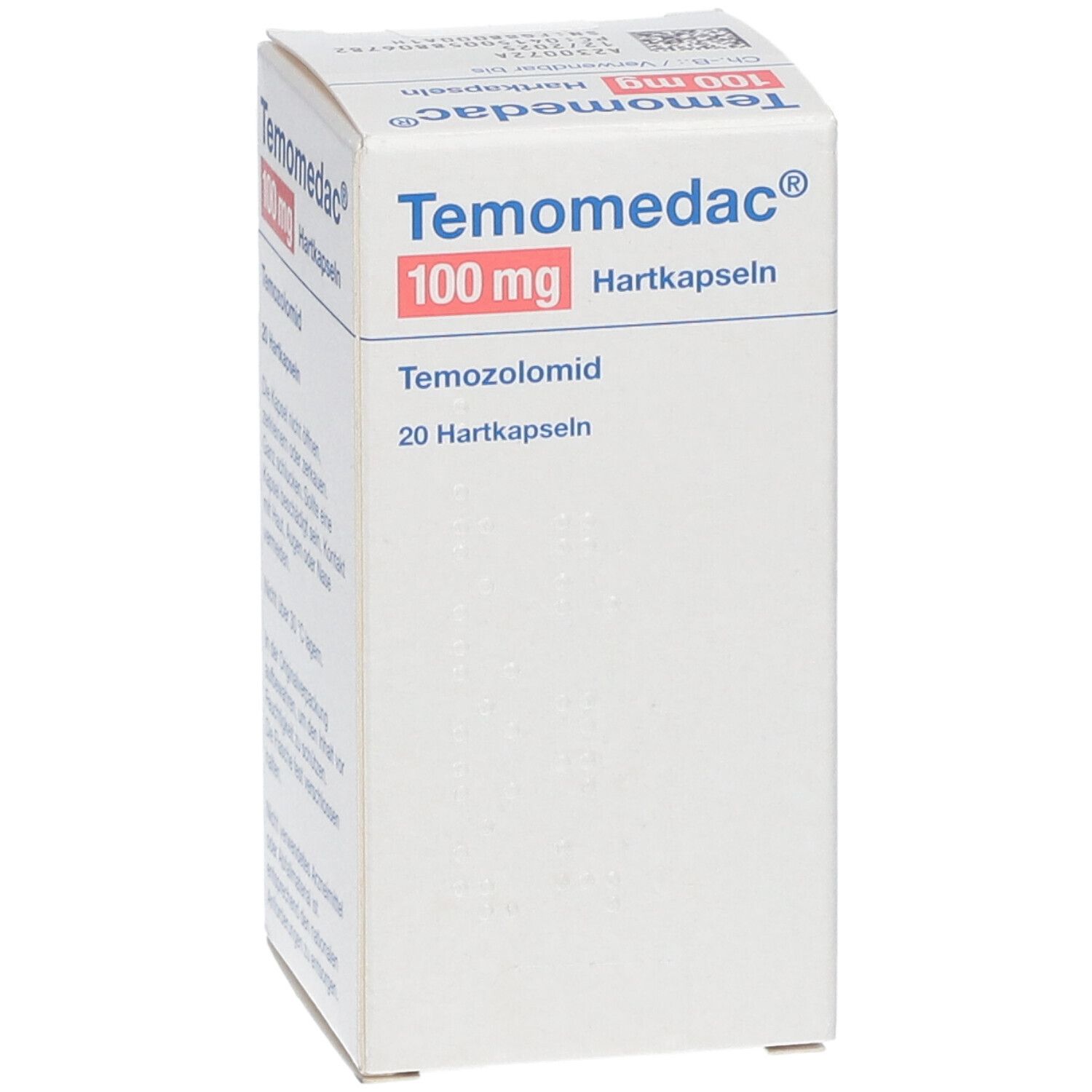 Temomedac® 100 mg Hartkapseln-Packung. Enthält 20 Kapseln. Aufschrift: Temozolomid. Weiße Verpackung mit blauer und roter Schrift. Seitenansicht.