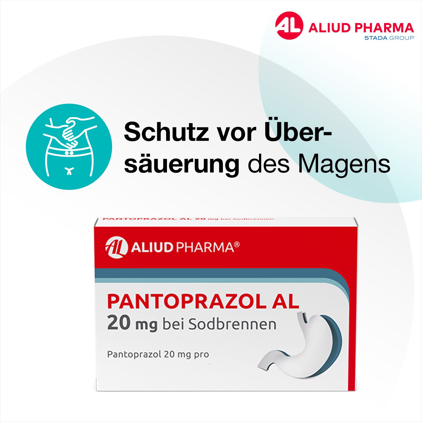 Text: Schutz vor Übersäuerung des Magens. Packung Pantoprazol AL 20 mg. Bauch-Symbol.