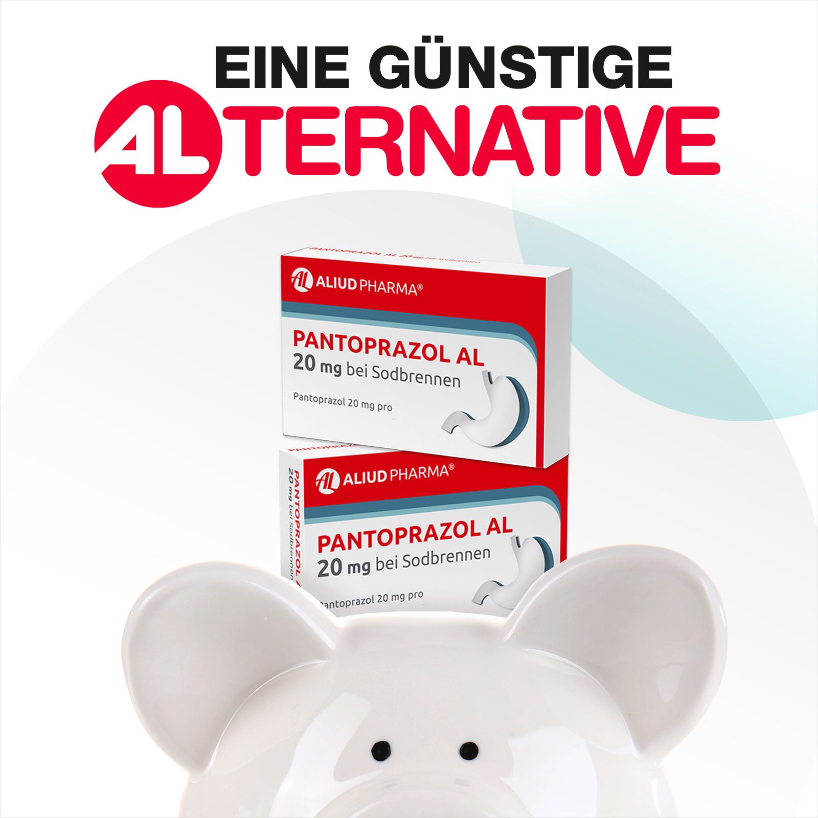 Zwei Packungen Pantoprazol AL 20 mg. Text: Eine günstige Alternative. Maus-Figur.