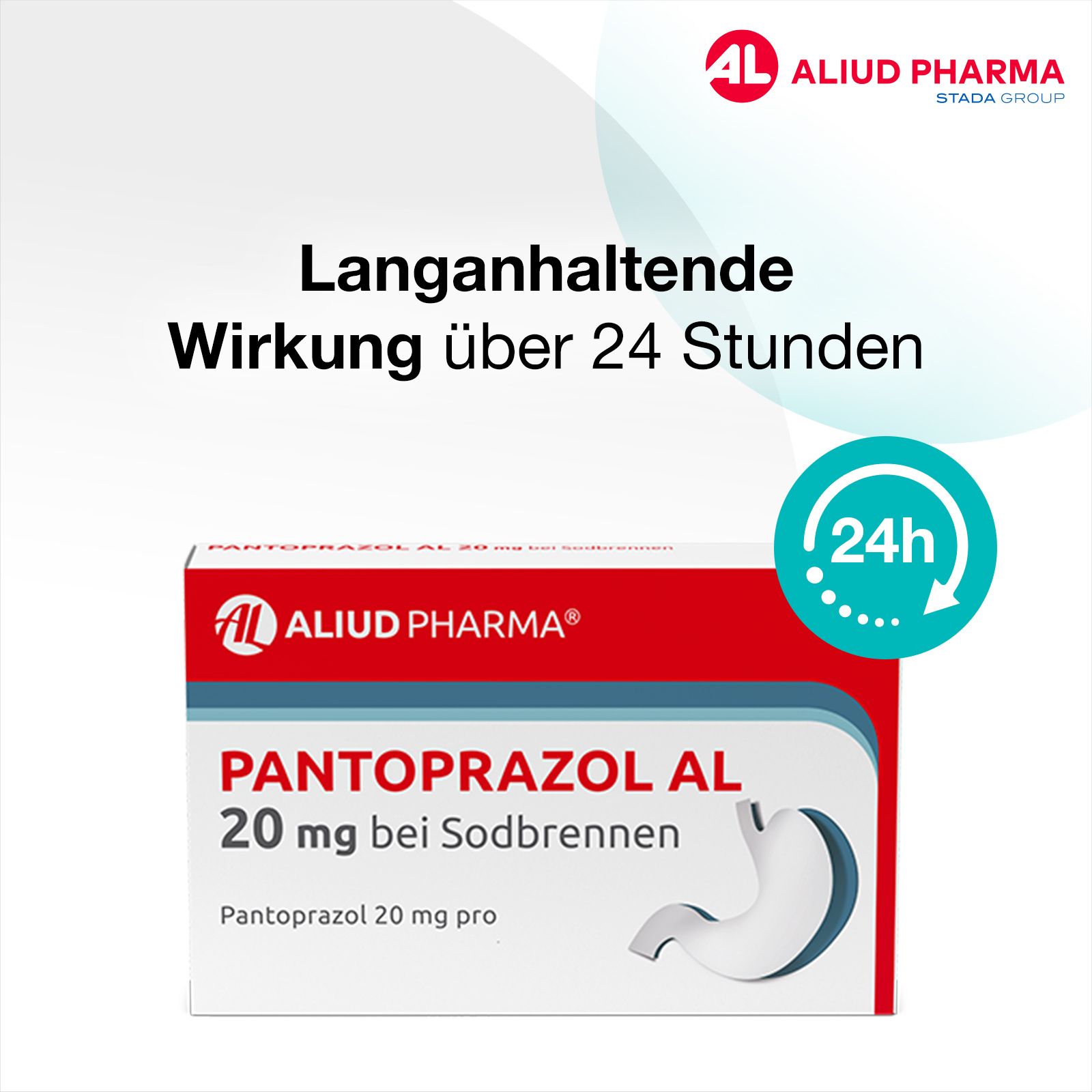 Packung Pantoprazol AL 20 mg. Text: Langanhaltende Wirkung über 24 Stunden. Logo 24h.