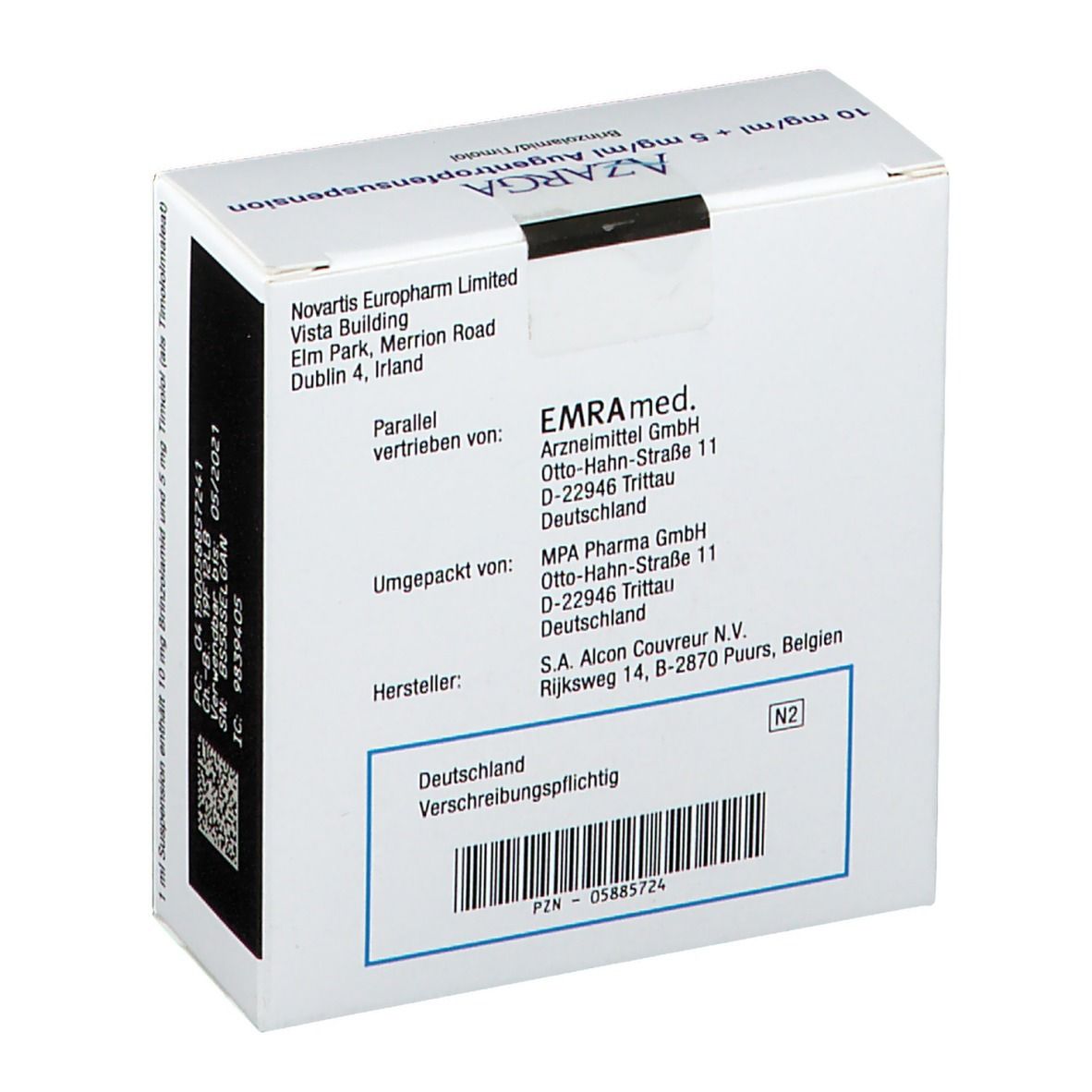 Rückseite der weißen Faltschachtel. Enthält Informationen zu Hersteller, Vertrieb und Inhaltsstoffen. Barcode und PZN-Nummer.