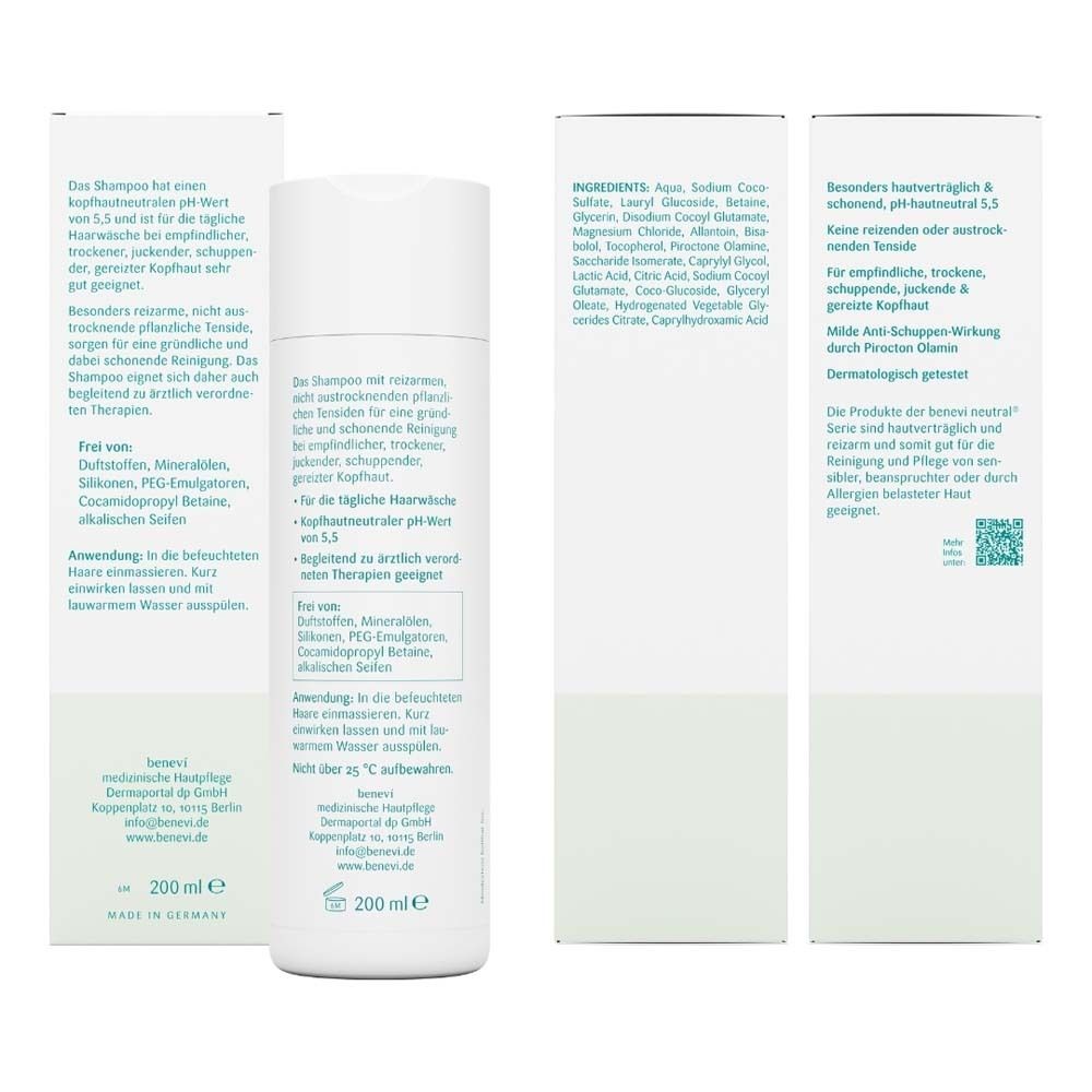 Rückseite der Shampoo-Verpackung. Text mit Inhaltsstoffen und Anwendungshinweisen. 200 ml. Marke: benevi.