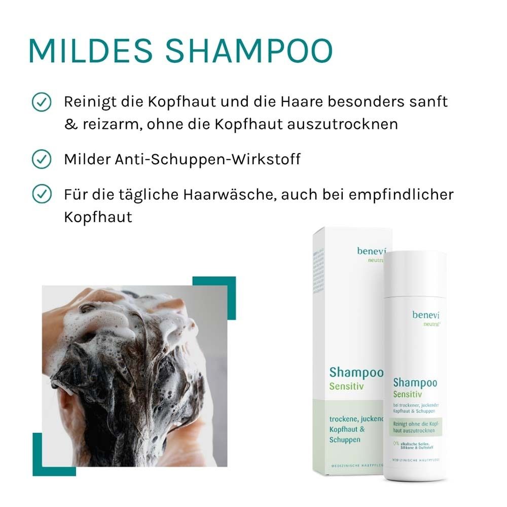 Person wäscht Haare mit Shampoo. Text: Mildes Shampoo. Reinigt sanft. Shampoo-Flasche und Verpackung.