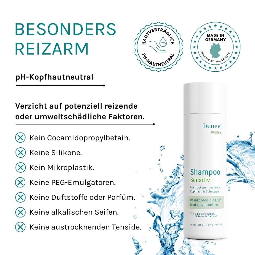 Shampoo-Flasche und Text: Besonders reizarm. pH-hautneutral. Ohne Cocamidopropylbetain, Silikone, Mikroplastik, etc.