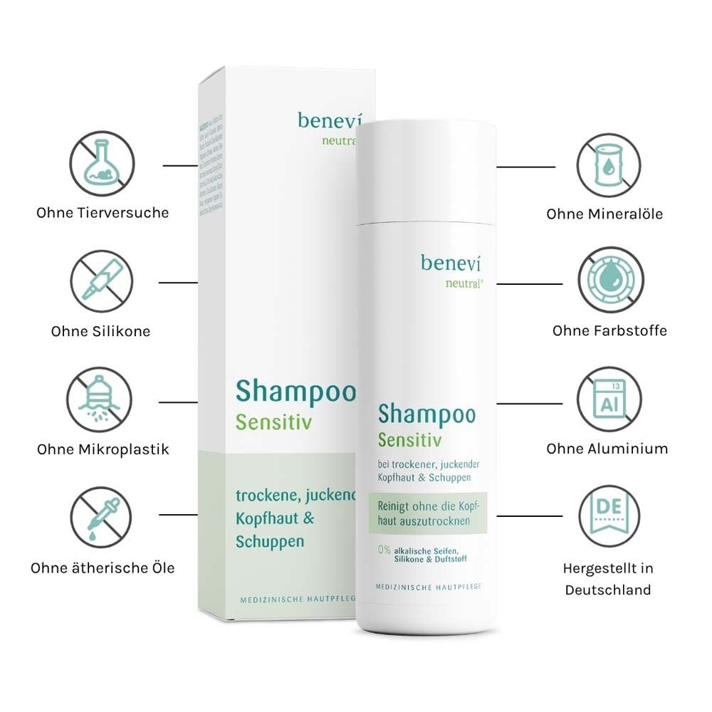Shampoo-Flasche und Text: Ohne Tierversuche, Silikone, Mikroplastik, ätherische Öle, Mineralöle, Farbstoffe, Aluminium.