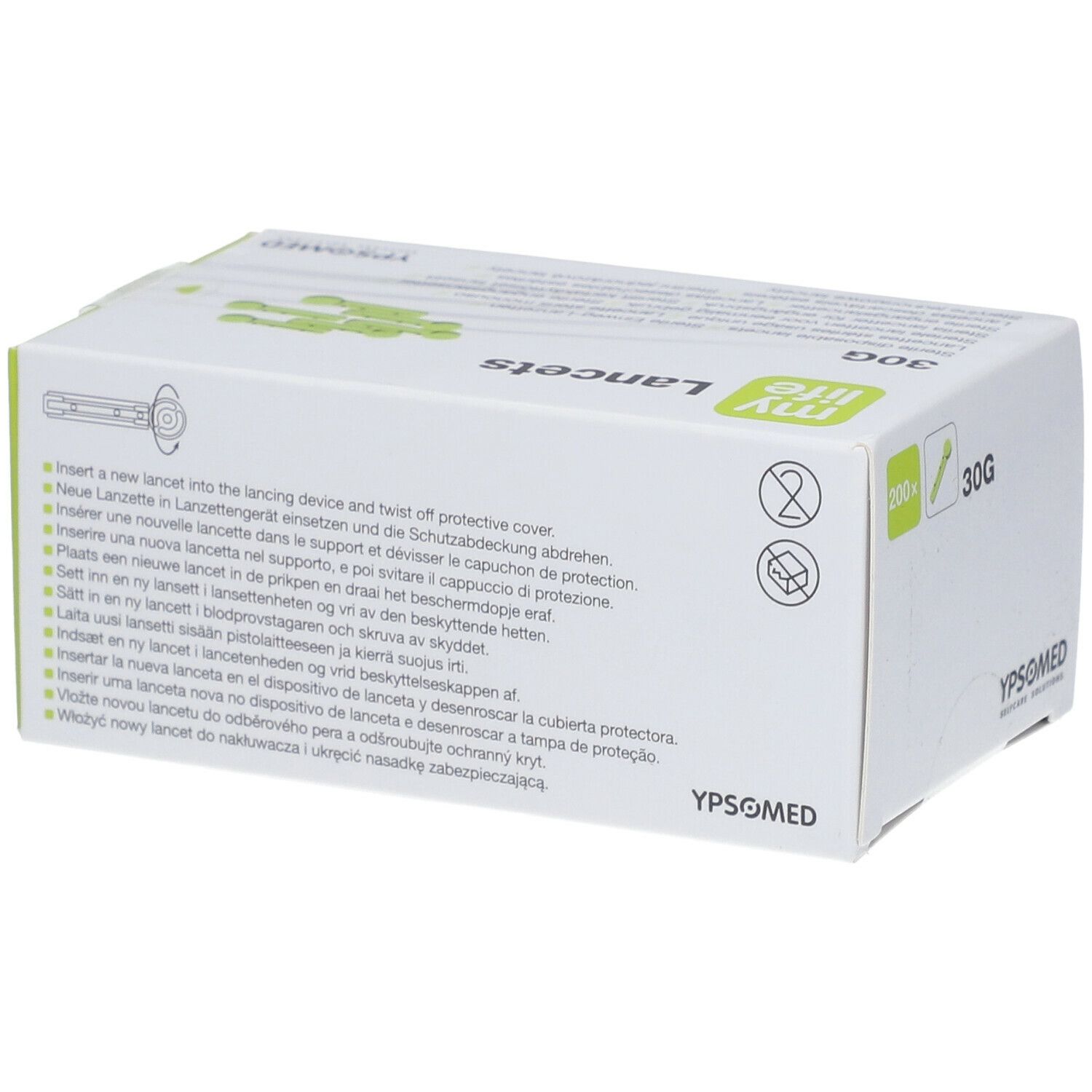 Weiße Schachtel "my life Lancets 30G". Text und Piktogramme auf der Seite. YPSOMED Logo.