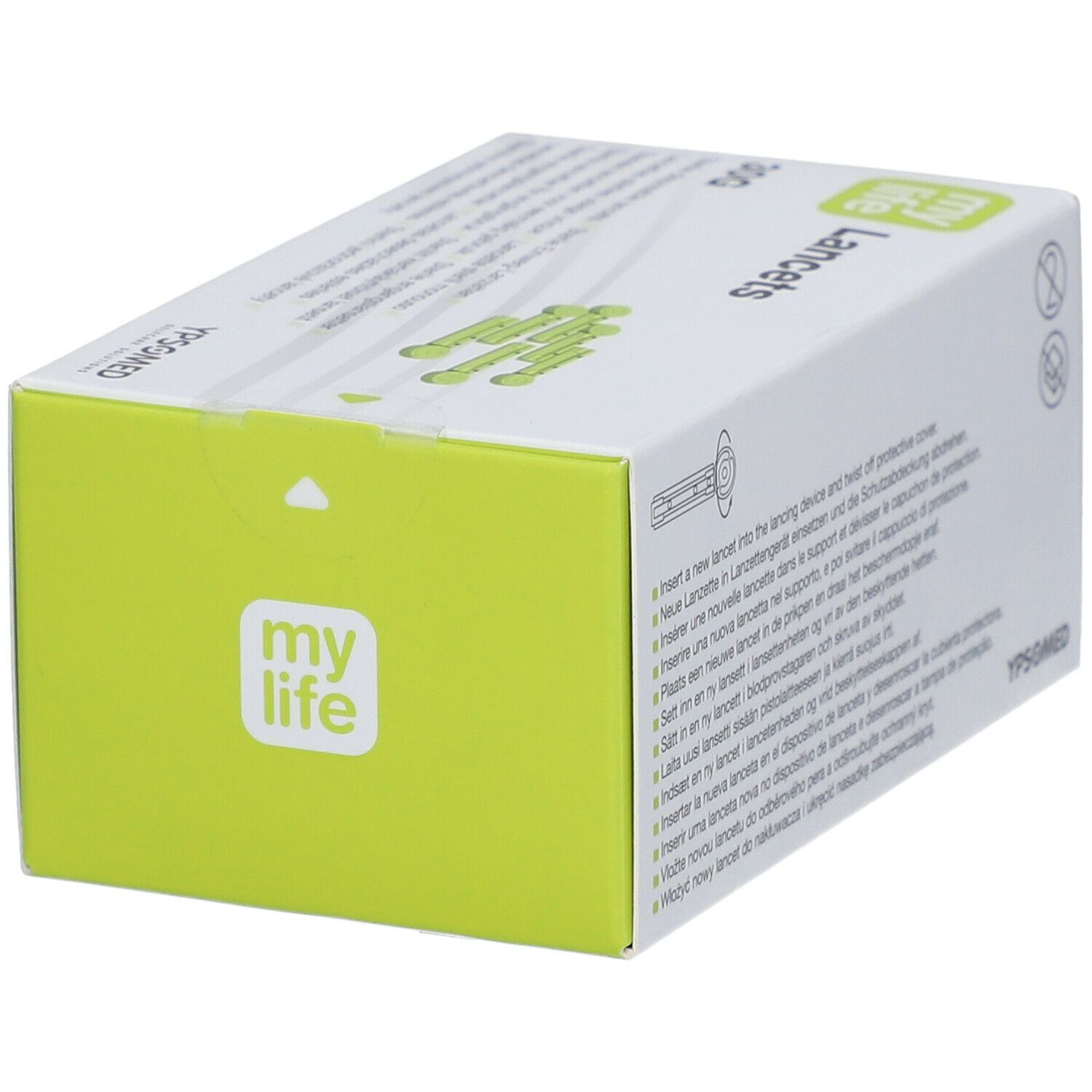 Weiße Schachtel "my life Lancets 30G" mit grünem Akzent. YPSOMED Logo. Text und Piktogramme.