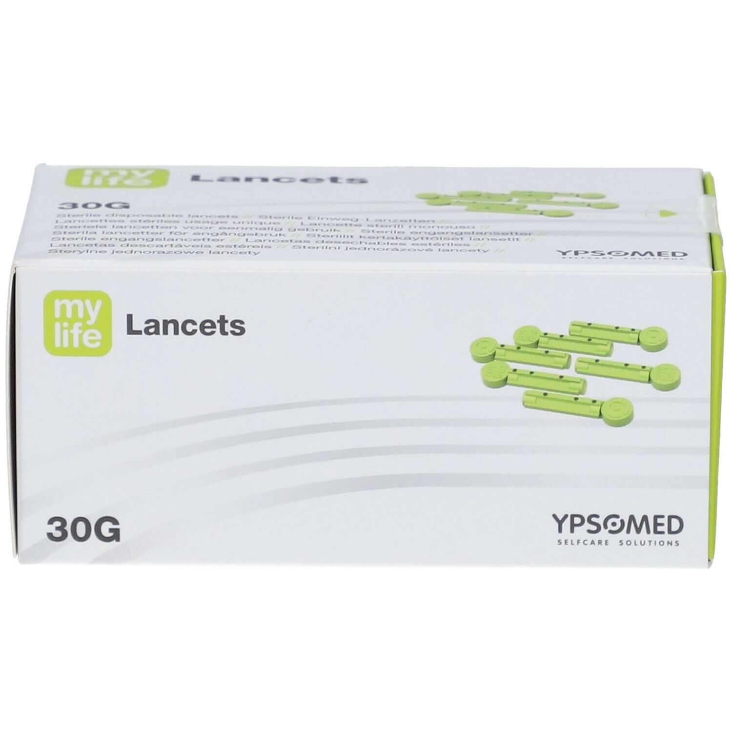 Weiße Schachtel "my life Lancets 30G". Grüne Lanzetten-Abbildung. YPSOMED Logo.