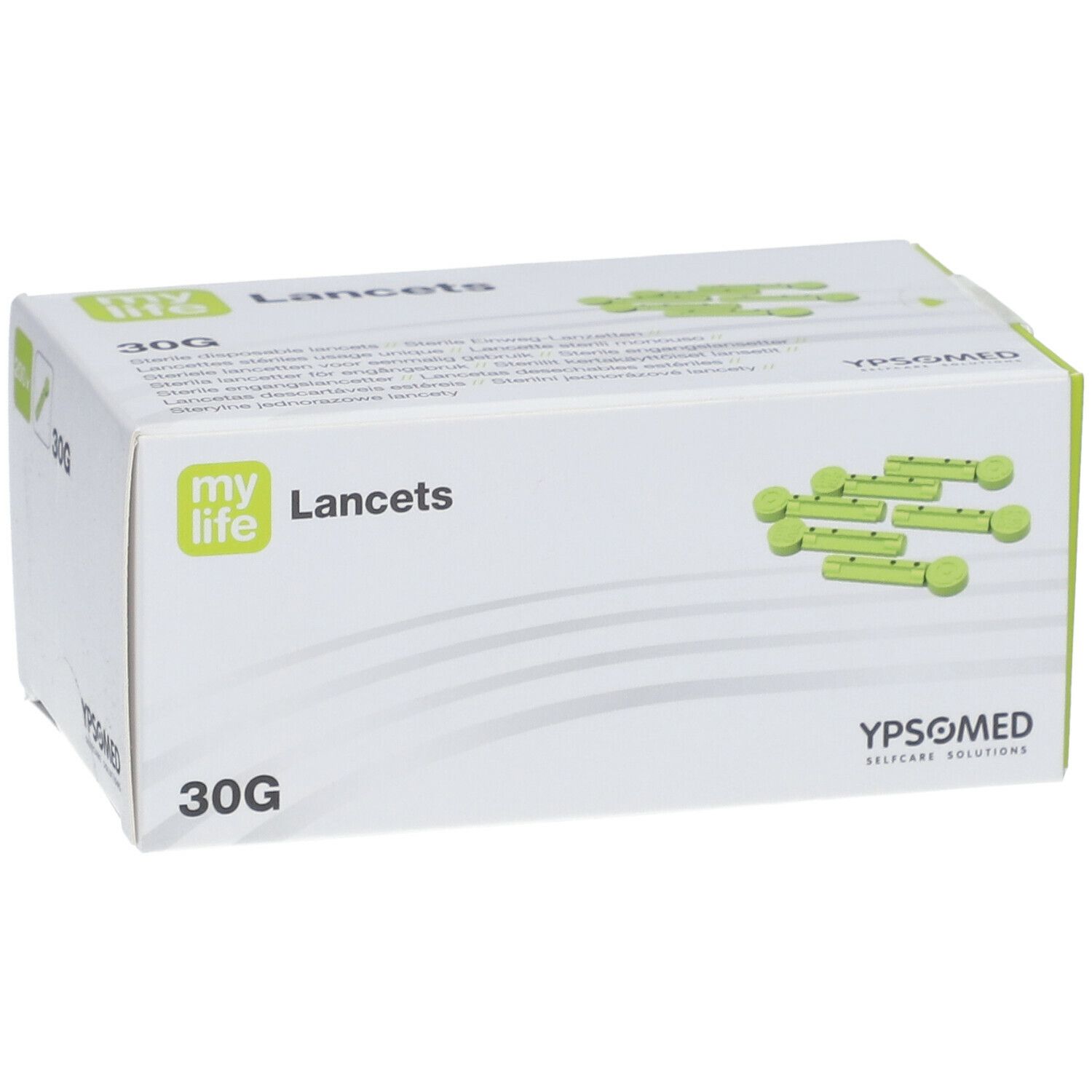 Weiße Schachtel "my life Lancets 30G". Grüne Lanzetten-Abbildung. YPSOMED Logo.