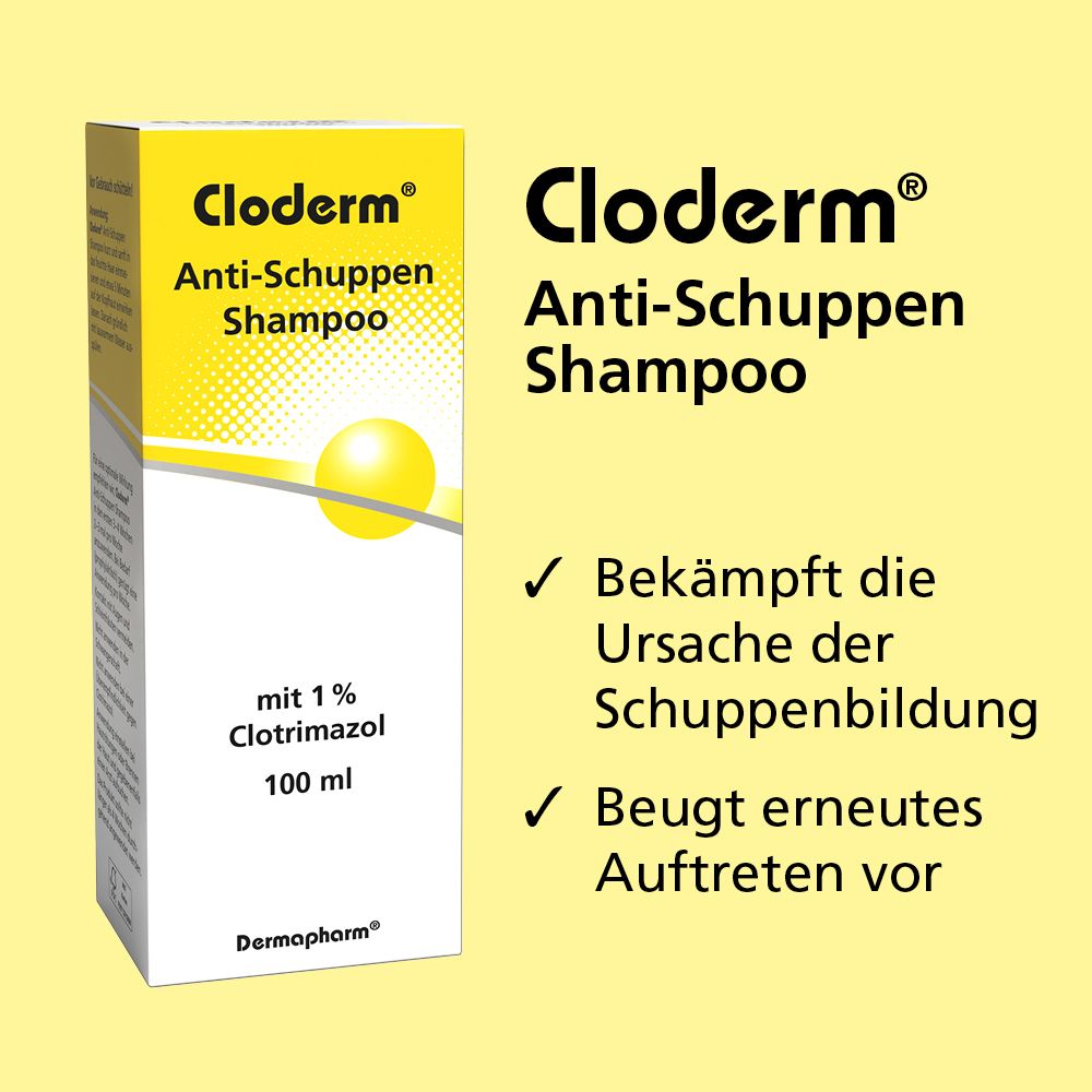 Cloderm® Anti-Schuppen Shampoo. Bekämpft Ursache der Schuppenbildung. Beugt erneutem Auftreten vor. Gelber Hintergrund.