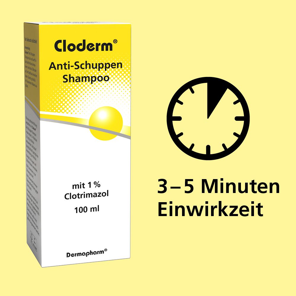 Cloderm® Anti-Schuppen Shampoo. Verpackung mit gelbem Akzent. 3-5 Minuten Einwirkzeit. Uhr-Symbol.
