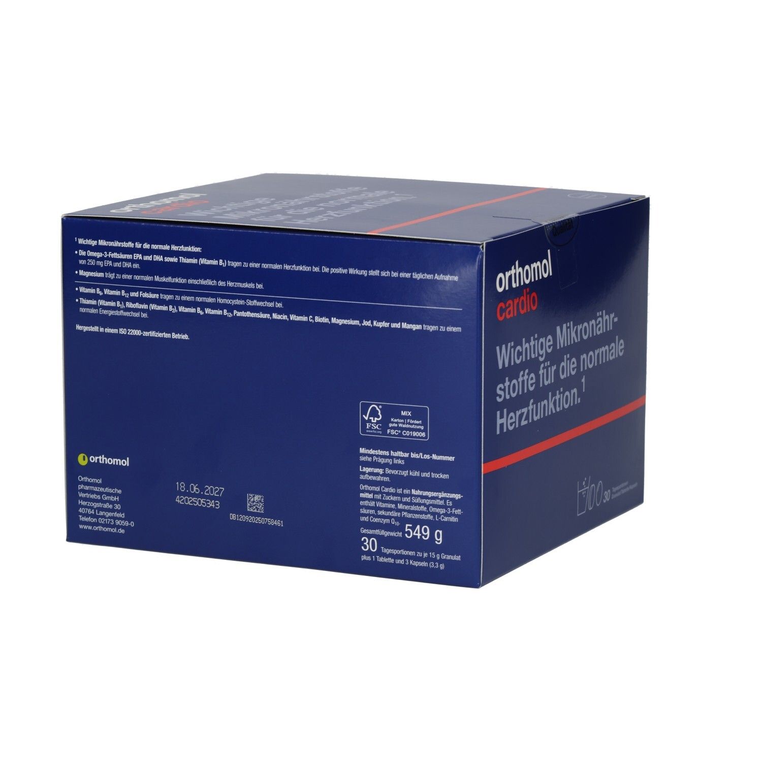 Rückseite der Box "orthomol cardio". Text: Inhaltsstoffe, Nährwertangaben, Verzehrempfehlung. 30 Tagesportionen.