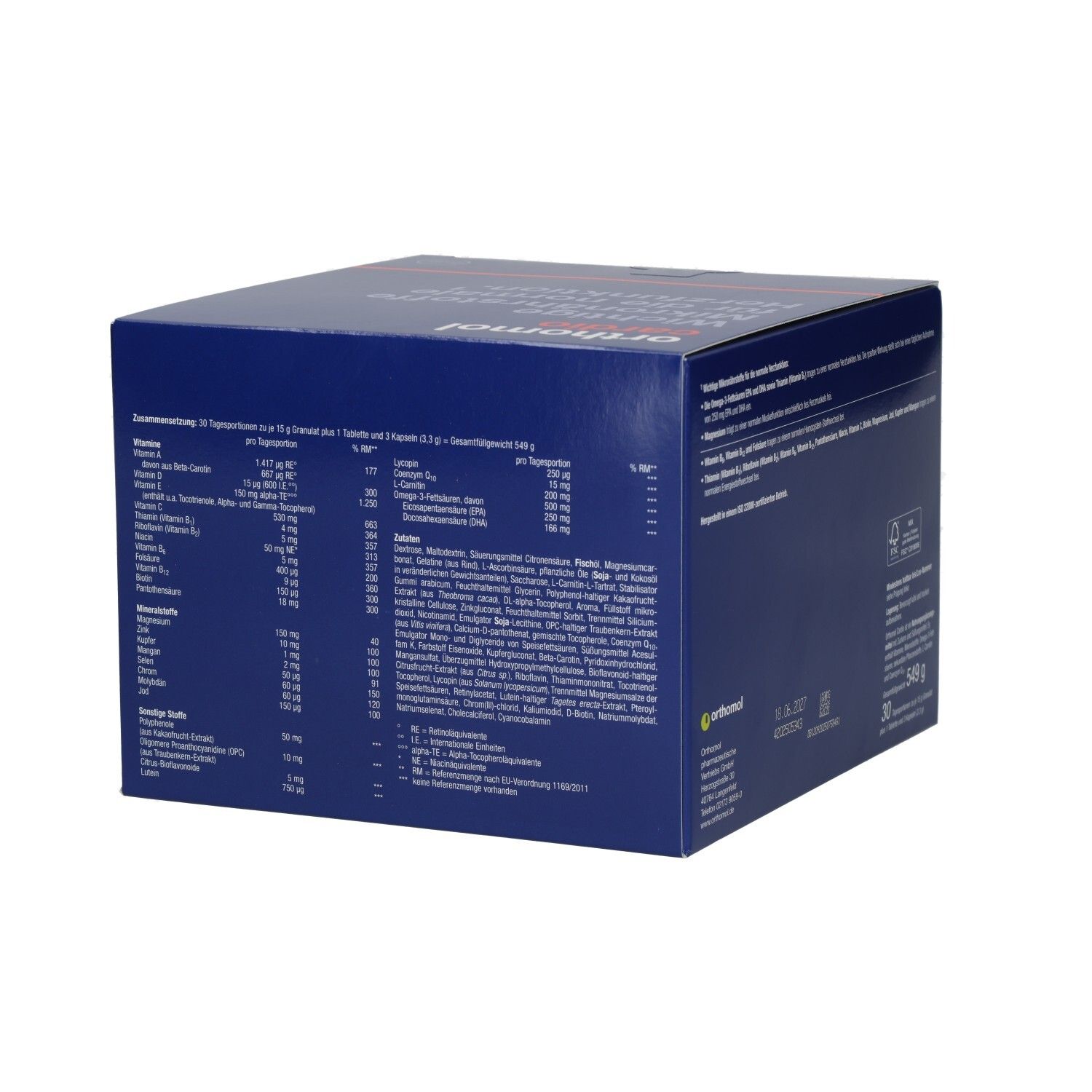 Rückseite der Box "orthomol cardio". Text: Nährwertangaben, Inhaltsstoffe, Verzehrempfehlung. 30 Tagesportionen.