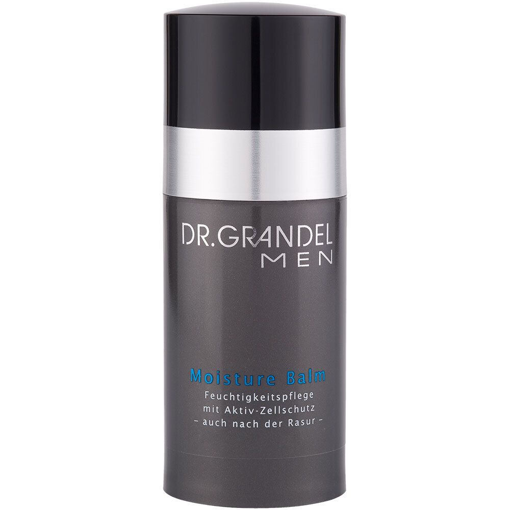 Zylindrische Flasche mit schwarzem Deckel und silbernem Ring. Text: DR. GRANDEL MEN, Moisture Balm.