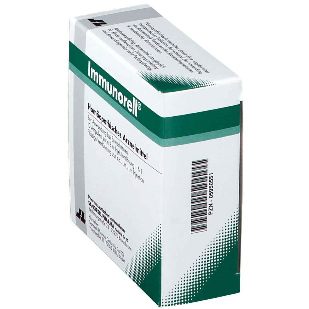 Schrägansicht der Immunorell-Verpackung. Weißer Karton mit grünen Akzenten. Barcode und Produktinformationen auf der Seite.