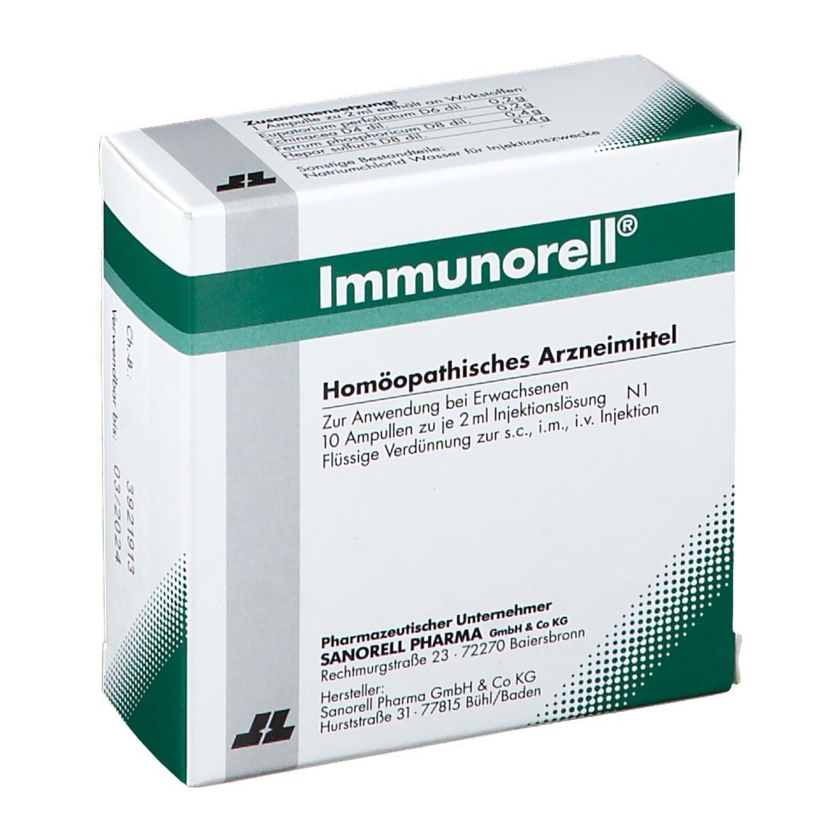 Immunorell-Verpackung, homöopathisches Arzneimittel. Enthält 10 Ampullen. Aufdrucke: Name, Inhaltsstoffe, Hersteller.