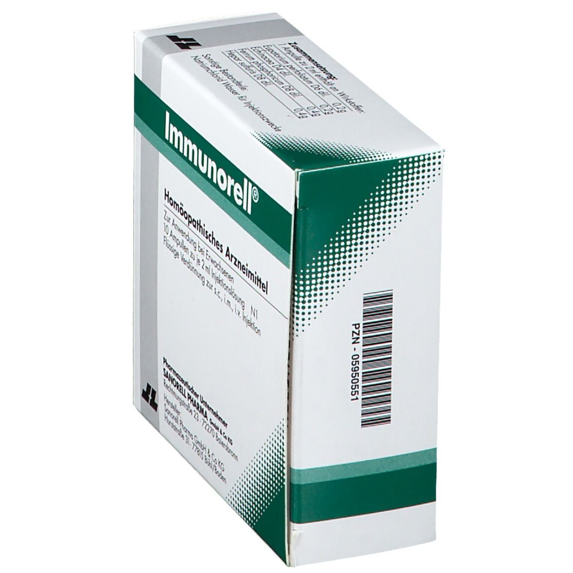 Schrägansicht der Immunorell-Verpackung. Weißer Karton mit grünen Akzenten. Barcode und Produktinformationen auf der Seite.