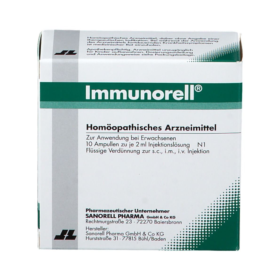 Immunorell-Verpackung, homöopathisches Arzneimittel. Enthält 10 Ampullen. Aufdrucke: Name, Inhaltsstoffe, Hersteller.