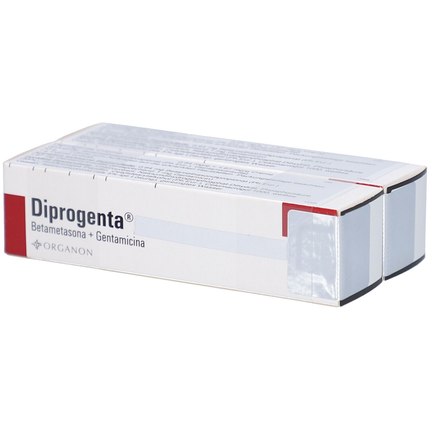 Zwei aneinanderliegende Schachteln. Auf der Vorderseite steht "Diprogenta". Darunter sind die Inhaltsstoffe und das Logo von Organon abgebildet.