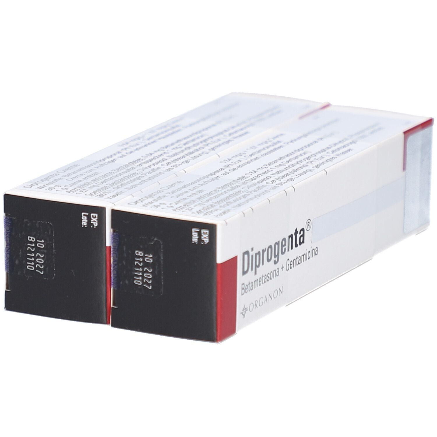 Zwei aneinanderliegende Schachteln. Auf der Seite sind das Verfallsdatum und die Chargennummer aufgedruckt.