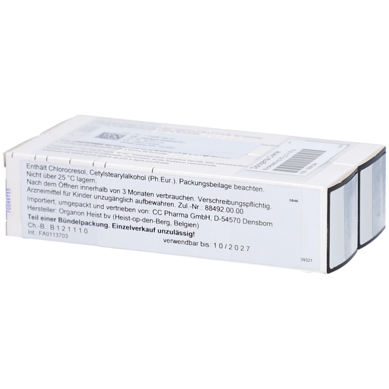 Zwei aneinanderliegende Schachteln. Auf der Oberseite sind Informationen und ein Barcode abgebildet.