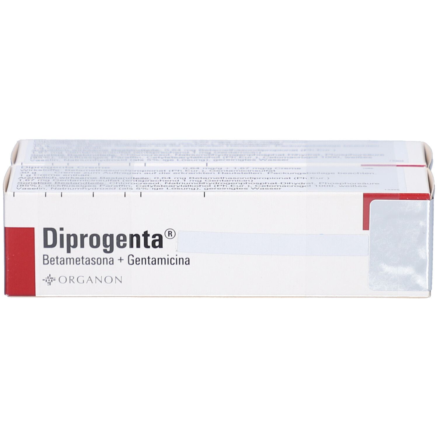 Zwei aneinanderliegende Schachteln. Auf der Vorderseite steht "Diprogenta". Darunter sind die Inhaltsstoffe und das Logo von Organon abgebildet.