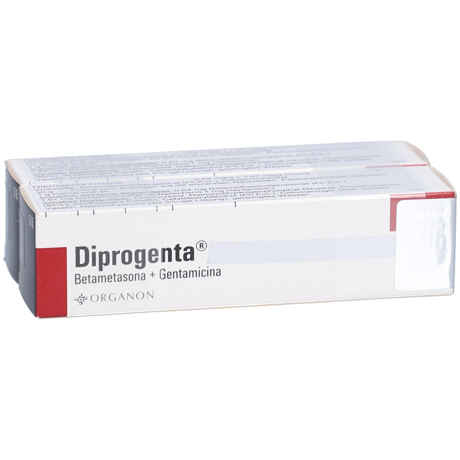Zwei aneinanderliegende Schachteln. Auf der Vorderseite steht "Diprogenta". Darunter sind die Inhaltsstoffe und das Logo von Organon abgebildet.