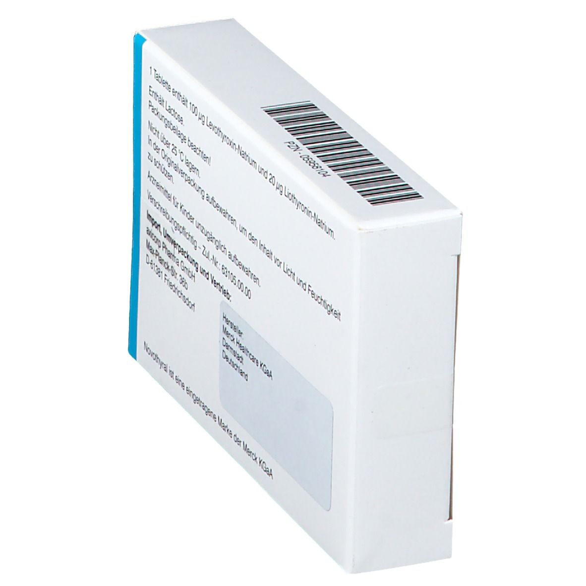 Schachtel in Schrägansicht. Rückseite mit Barcode und Herstellerinformationen. Text in Deutsch.