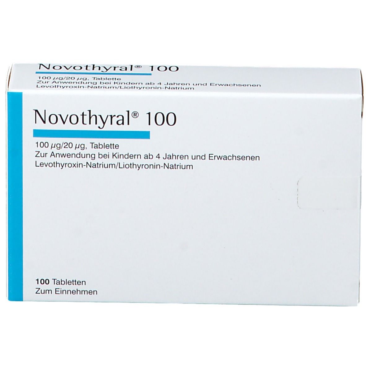 Weiße Schachtel mit blauer Akzentfarbe. Aufschrift: Novothyral 100. Enthält Tabletten. Text in Deutsch.