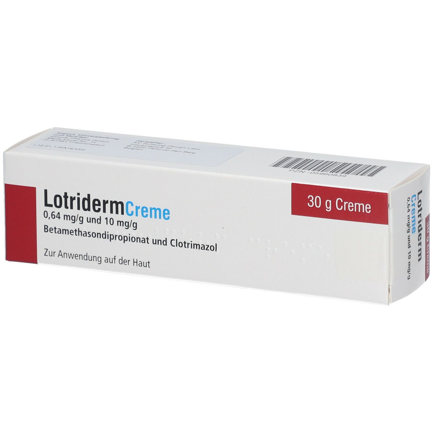Lotriderm Creme-Verpackung. Weißer Karton mit rotem Akzent. Beschriftung: 0,64 mg/g und 10 mg/g, 30 g Creme.