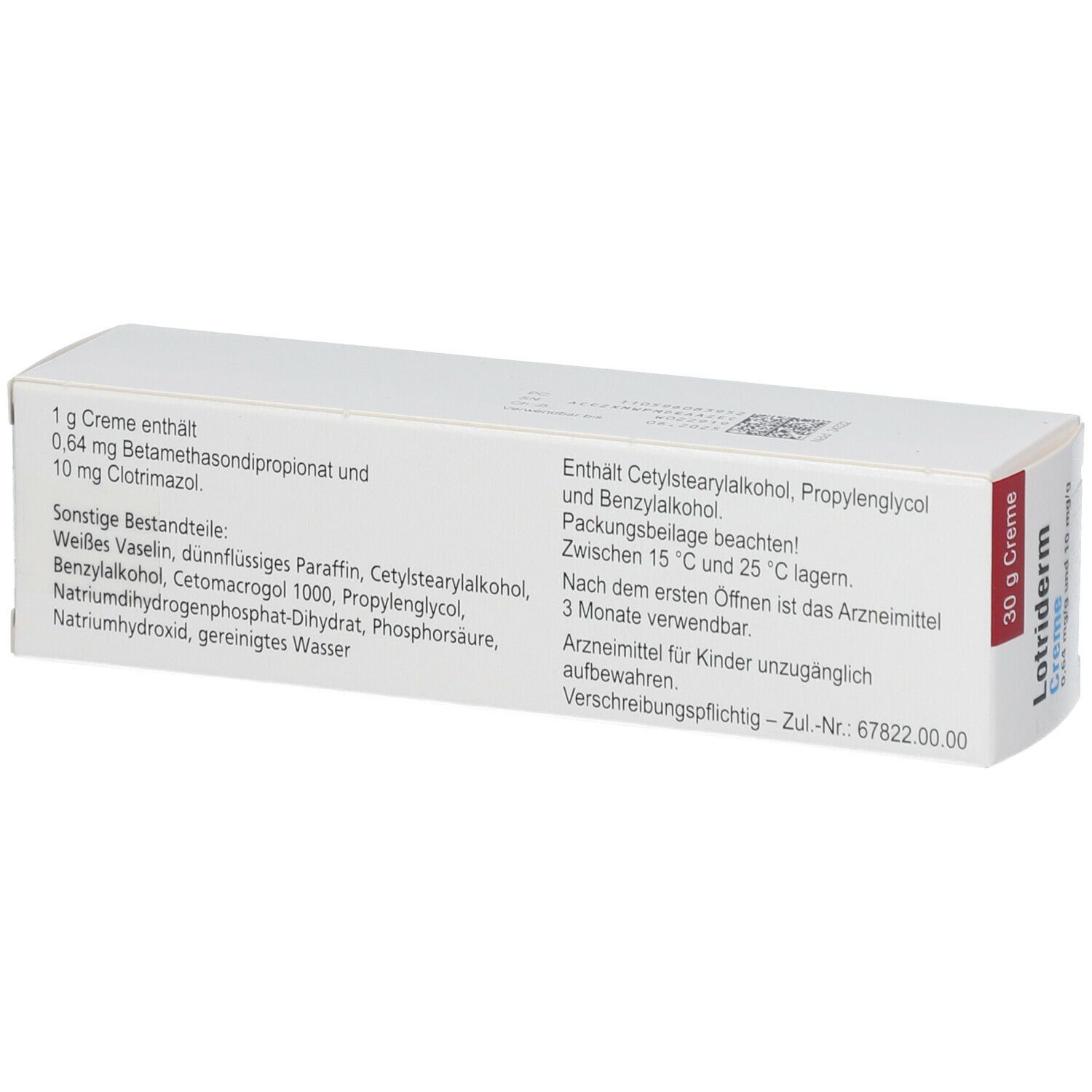 Rückseite der Lotriderm Creme-Verpackung. Weißer Karton mit Text. Beschriftung: Inhaltsstoffe, 30 g Creme.