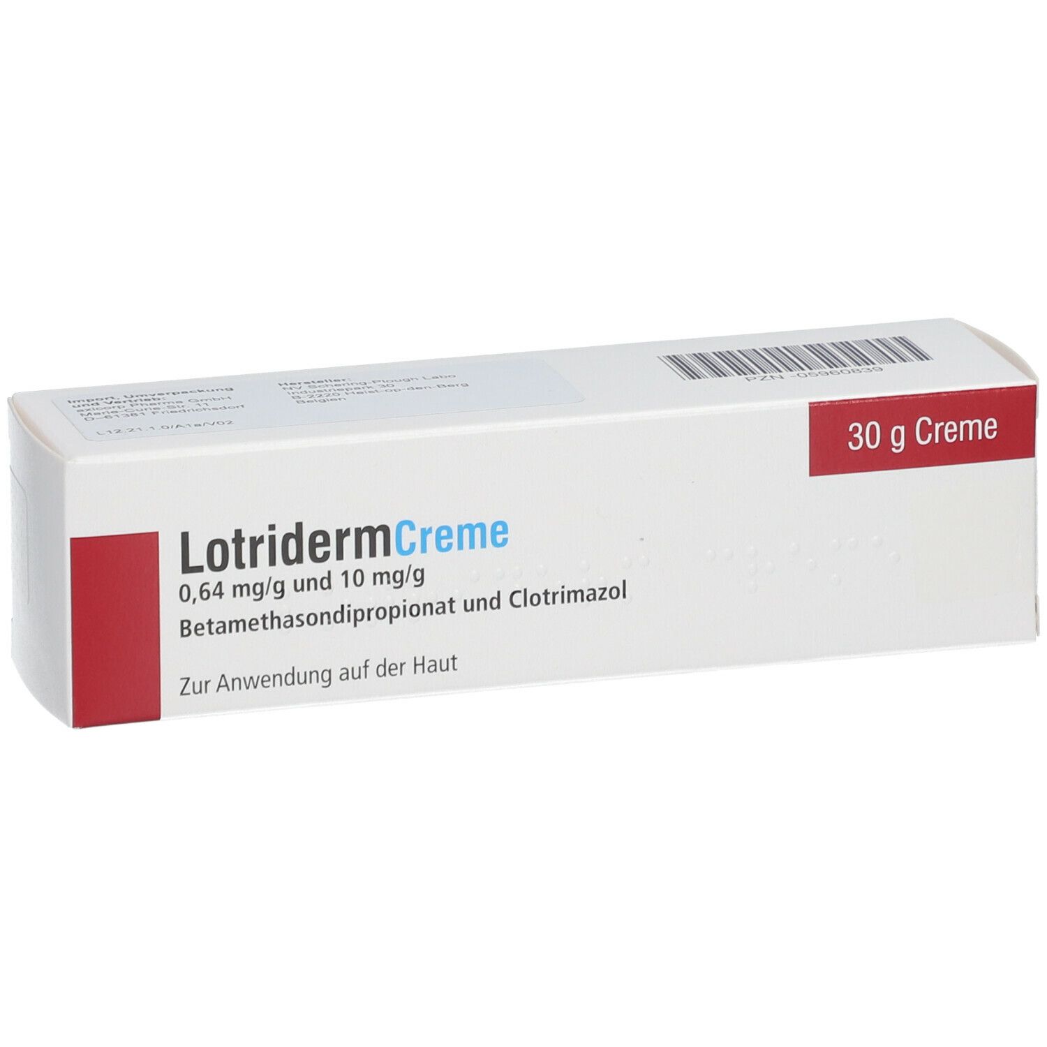 Lotriderm Creme-Verpackung. Weißer Karton mit rotem Akzent. Beschriftung: 0,64 mg/g und 10 mg/g, 30 g Creme.