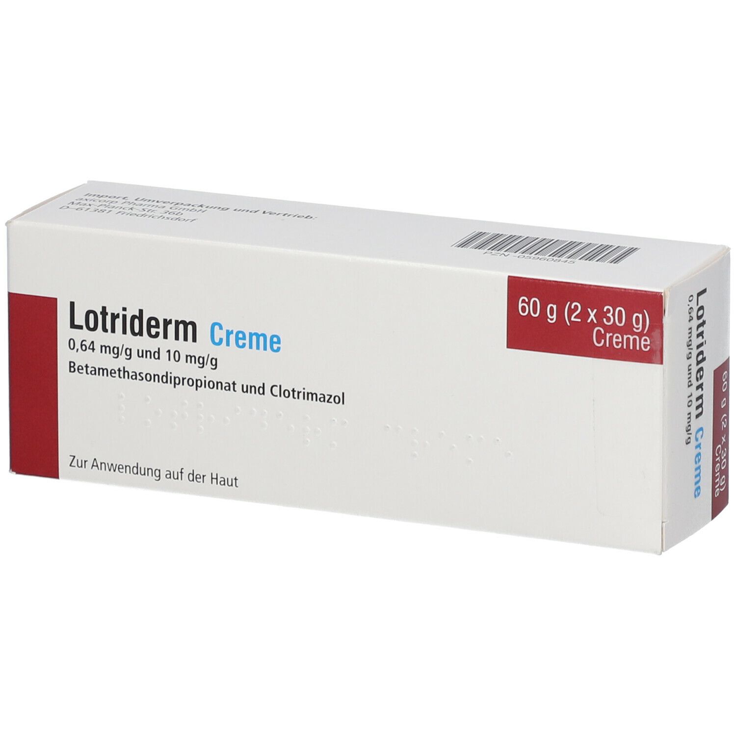 Lotriderm Creme-Verpackung. Weiße Schachtel mit rotem Akzent. Aufschrift: 60 g (2 x 30 g) Creme, Lotriderm Creme.
