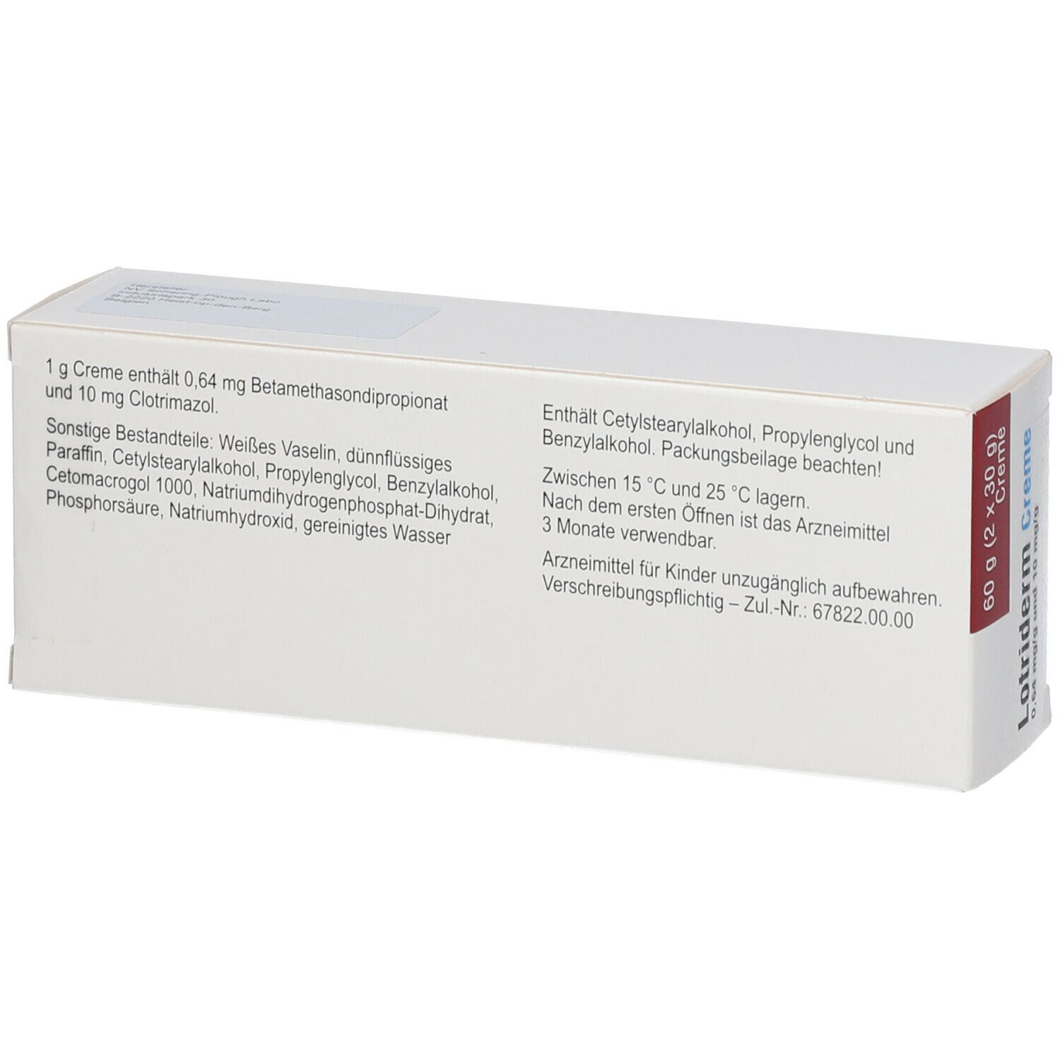 Rückseite der Lotriderm Creme-Verpackung. Weiße Schachtel mit Text. Aufschrift: 60 g (2 x 30 g) Creme, Inhaltsstoffe.